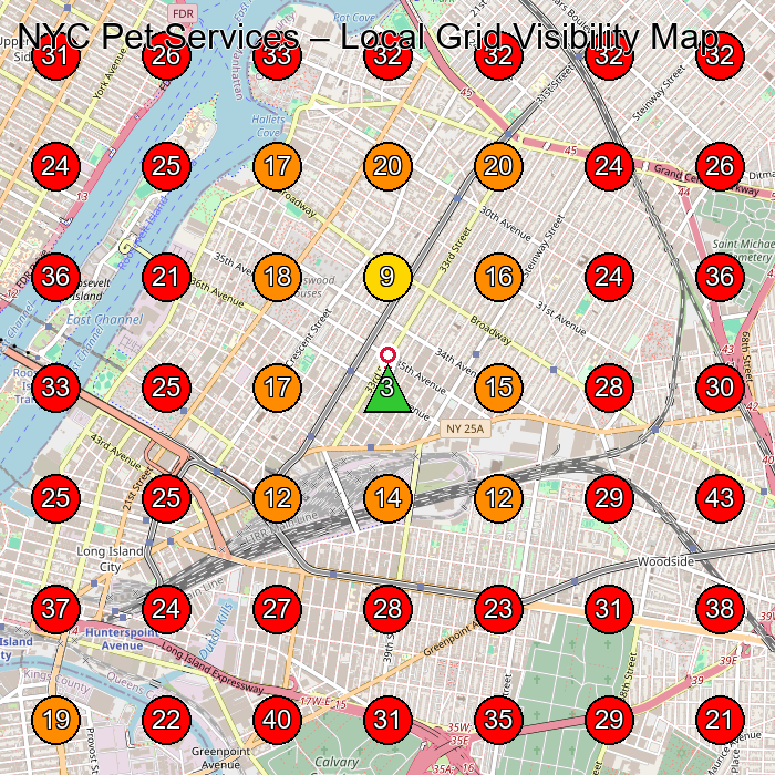 NYC Pet Services GeoGrid visibility map for Coffee Shops in Queens